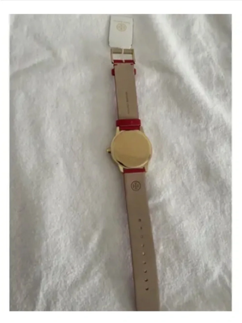 Tory Burch Red Leather Reva Watch with Gold Case 36 mm